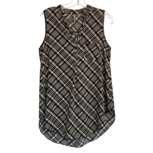 Allison Joy Tan/Black Plaid Hi-Lo Sleeveless Tank Blouse Top M - Picture 1 of 11